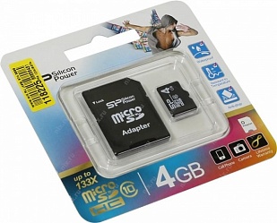 Флеш карта microSD 4GB Silicon Power microSDHC Class 10+ adapter  