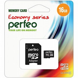 Флеш карта microSD 16GB Perfeo Class 10 +адаптер арт02326
