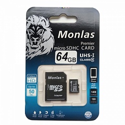 Карта памяти MicroSD 64Gb Monlas Class 10 UHS-I + SD адаптер