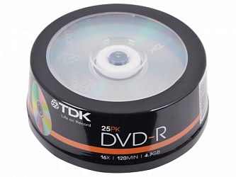 Диск DVD-R TDK 4.7 Gb, 16x, Cake Box (25), (25/200) 43639