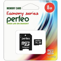 Флеш карта microSD 8GB Perfeo Class 10 High-Capacity (Class 10) economy series, с адаптером