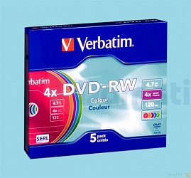 Диск DVD-RW Verbatim Colour 4,7GB, 4x, Cake Box (5) 43563