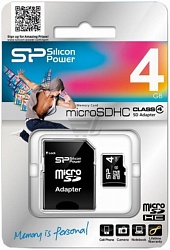 Флеш карта microSDHC 4GB Silicom Power class4+ адаптер