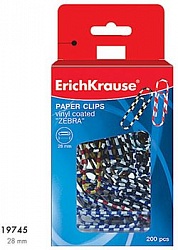 Скрепки канцелярские 28 мм цветные 200 штук Erich Krause "Зебра", пластиковый бокс 19745